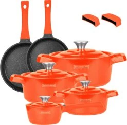 Pannenset - Marmeren Coating - Hapjespan - Kookpan - 14-delig - 2023 Model - Oranje