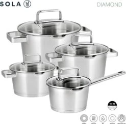 Sola Pannenset Diamond - 4 Delig - Ø 16,16,18,20 Cm - Zilver - RVS - Sandwichbodem -Tefal Shop 1200x1183