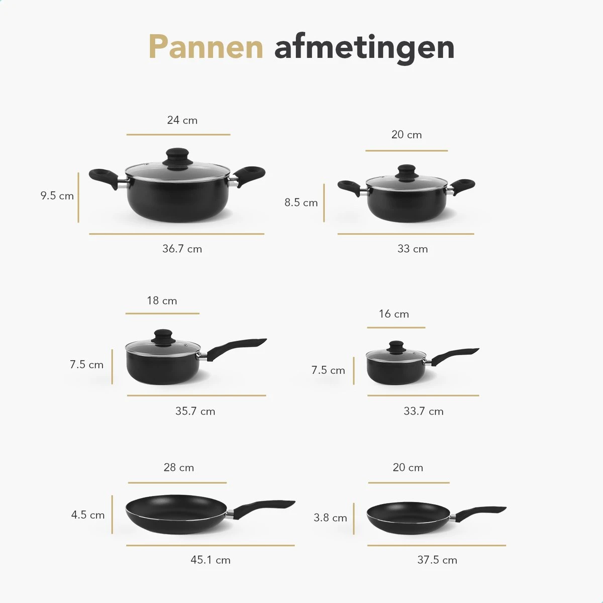 Rochester 18-delige Pannenset Met Deksels - Kookpotten - Koekenpannen Steelpannen - Aluminium - Zwart 12 Rochester 18-delige Pannenset Met Deksels - Kookpotten - Koekenpannen Steelpannen - Aluminium - Zwart - Afbeelding 12