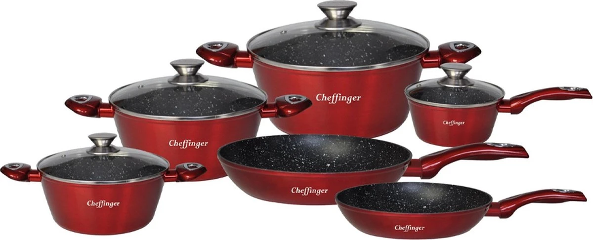 Luxe 10-delige Koekenpannenset - Inductie - Voor Alle Warmtebronnen - Met Glazen Deksels - Rood 1 Luxe 10-delige Koekenpannenset - Inductie - Voor Alle Warmtebronnen - Met Glazen Deksels - Rood