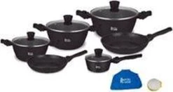 Royal Swiss 21-delige Steengoeden Pannenset Met 10 Afneembare Handvaten, Bestaat Uit 4 Pannen + 2 Steelpannen + 4 Deksels+ 2 Accessoires. Kleur Zwart