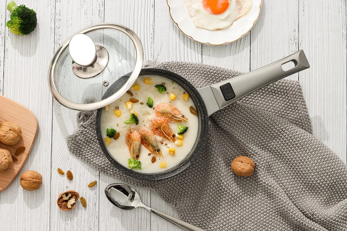 Swiss Pro+ | Set 14 Delige Pannenset | Inductie - Pannensets - Glazen Deksel - Met Afneembare Handgreep - Marmeren Interieur -PFAS-vrij | Grey / Silver 4 Swiss Pro+ | Set 14 Delige Pannenset | Inductie - Pannensets - Glazen Deksel - Met Afneembare Handgreep - Marmeren Interieur -PFAS-vrij | Grey / Silver - Afbeelding 4