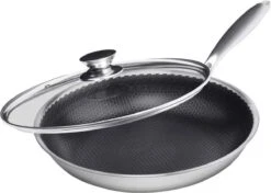 Honingraat Heavy Duty Anti-aanbak Koekenpan - Steelpan - Wok - Met Deksel 30 Cm - Gas - Elektrisch - Inductie - Oven